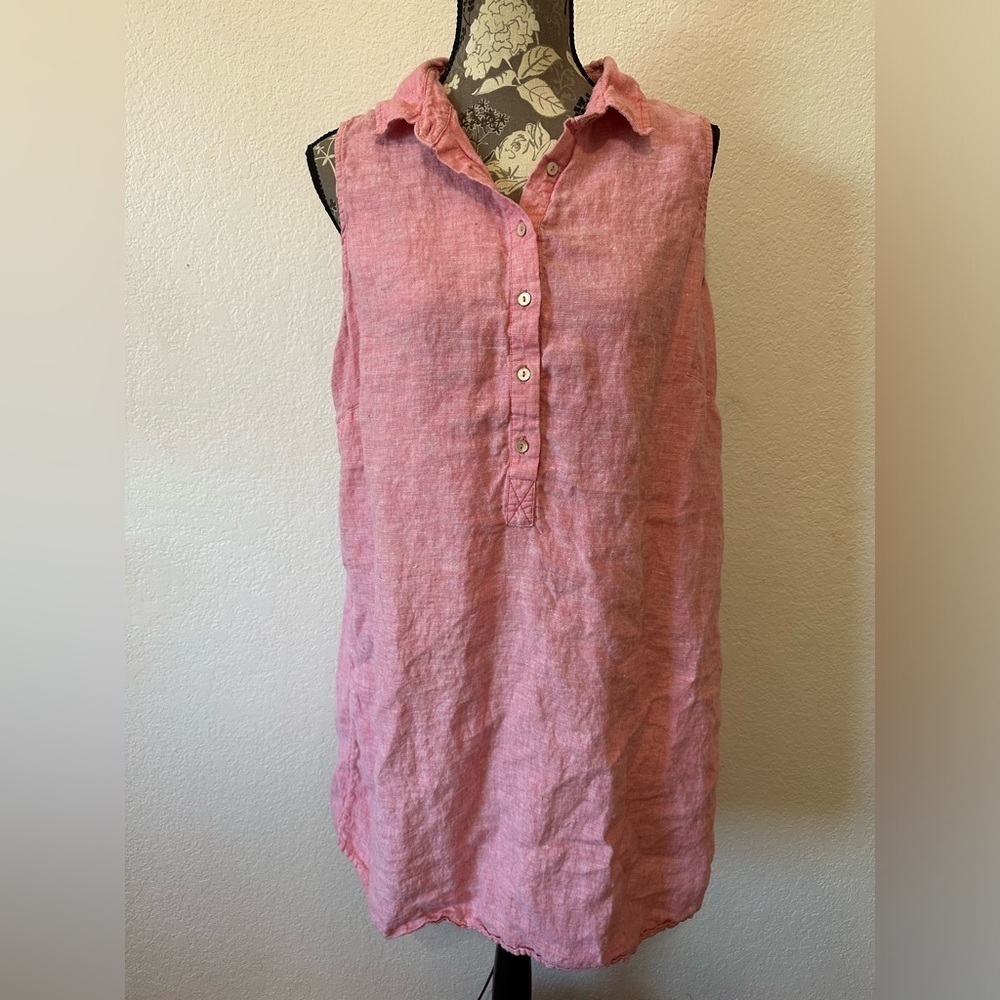 Tahari Linen Sleeveless Collared Shirt Mini Dress in red pink chambray - Size 1X